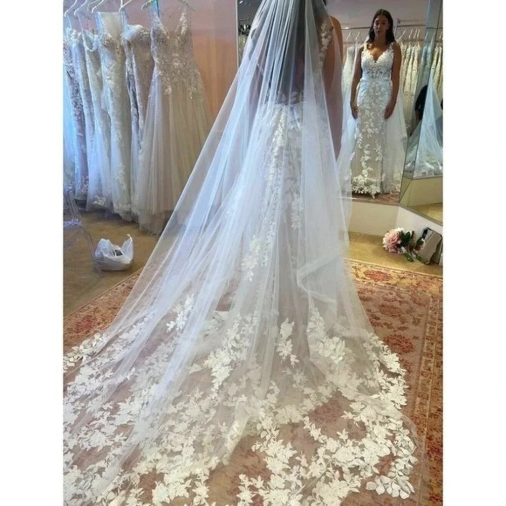 New Extra Long Bridal Veil Wedding Lace Trim Floral Cathedral Ivory White